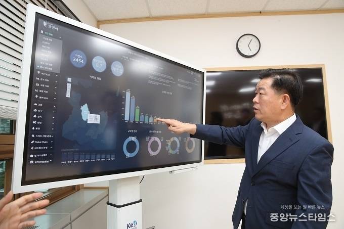 박승원 광명시장이 지역산업생태계 상황판을 확인하고 있다. / 사진=광명시