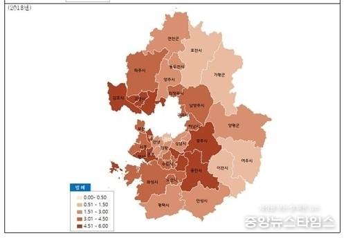 출근시간 경기도 시군의 서울방향 대중교통 불평등 지수