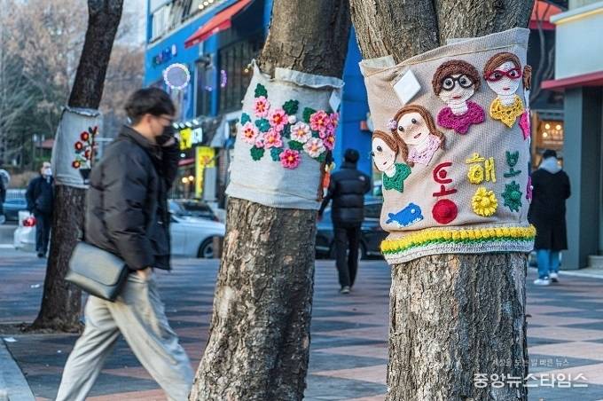 망포역 인근에 뜨개옷을 입고 있는 가로수들.(수원시 제공)
