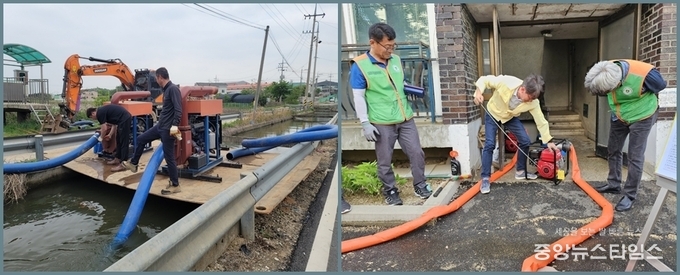 자율방재단 합동 상습침수지역 양수기 전진배치.(김포시 제공)