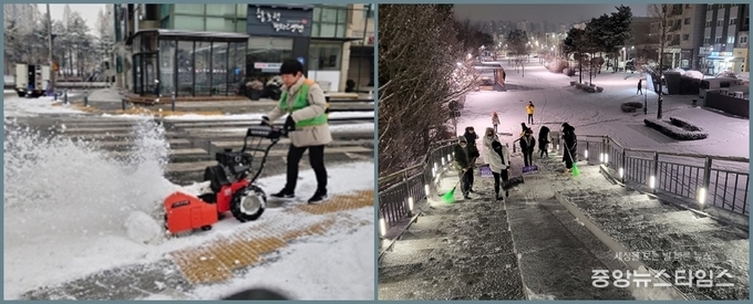 (공무원·자율방재단 민관협업) (좌) 육교 제설반 활동, (우) 제설기 활용 인도별 제설작업.(김포시 제공)