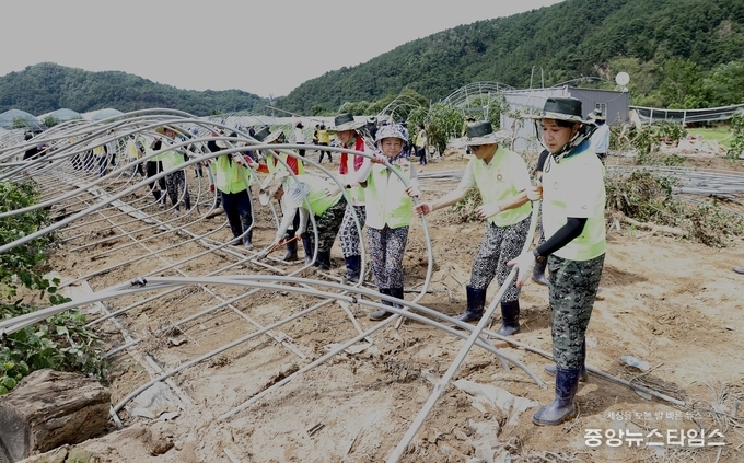 수원특례시의회 의원봉사단, 무너진 비닐하우스 철거 작업을 하고 있다. 사진=수원특례시의회
