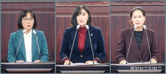 좌측부터 5분발언 중인 위영란, 공영애, 김미영 의원.(사진=화성시의회)