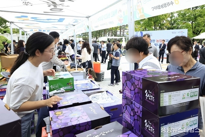 4일 국회 로컬푸드 직거래 장터에서 화성송산포도를 구입하는 시민들의 모습.(화성시 제공)