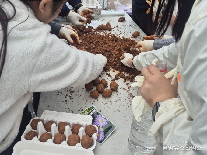시민들이 8일 안양천 쌍개울문화광장에서 열린 '안양 청년 그린 플로깅' 행사에서 씨드볼 만들기 체험을 하고 있다.(안양시 제공)