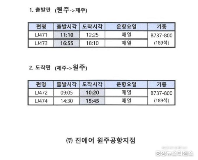2025년 원주공항 동계 운항 일정