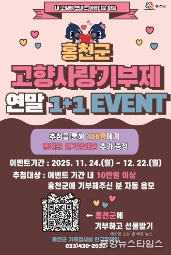 기부하면 다시 돌아오는 혜택 홍천군, 고향사랑기부제 연말 1+1 이벤트 진행