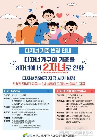 여주시 2026년부터 다자녀 기준 완화로 다자녀장려금, 다자녀 가정 입학축하금 대상자 확대