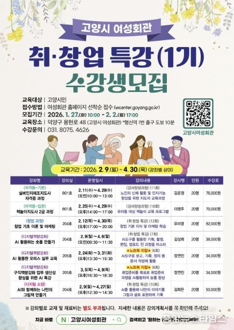 고양시 여성회관 ‘2026년 취창업 특강(1기) 수강생 모집’ 안내문