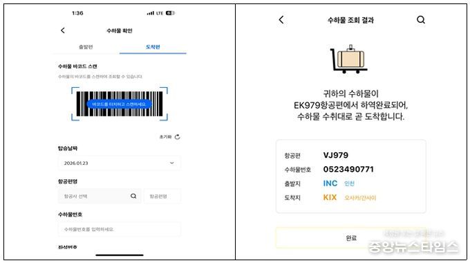 개인 수하물 조회 화면