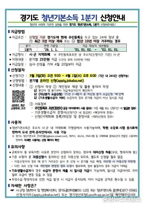 동두천시, 2026년 청년 기본소득 1분기 신청 접수