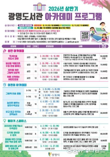 광명도서관 2026년 상반기 아카데미 프로그램 안내문.