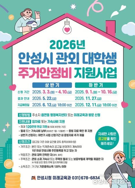 안성시, 관외 대학생 주거안정비 최대 120만원 지원